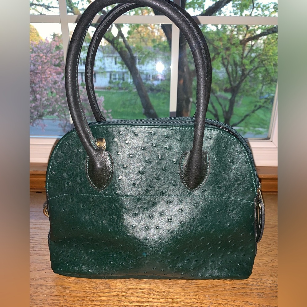 10” x  9” green ostrich skin hand bag